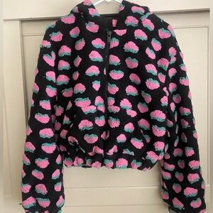 NEW Dolls Kill Sugar Thrillz Strawberry Sherpa Hoodie coat Jacket Berry Smitten